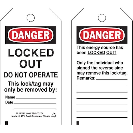 Danger Tag, 5-3/4 x 3 In, OSHA, Brs, PK25, 66067 MPN:66067