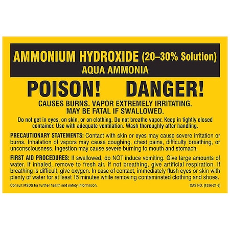 Label, Ammonium Hydroxide (20-30% Solution), Polyester, 2 7/8 in W, 2 in H MPN:7236PLS
