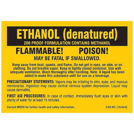 Label, ETHANOL (denatured), Polyester, 5 in W, 3 1/2 in H MPN:7258QLS