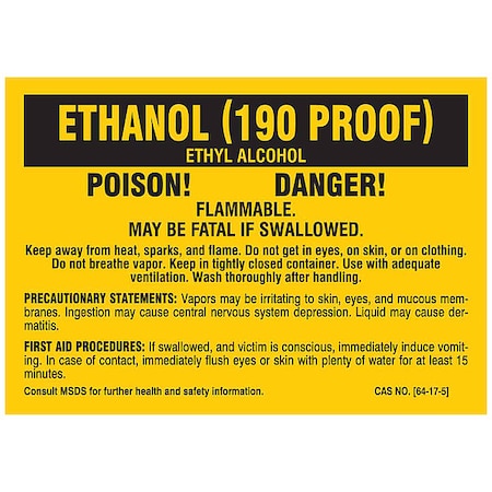 Label, ETHANOL (190 PROOF), Polyester, 5 in W, 3 1/2 in H MPN:7259QLS