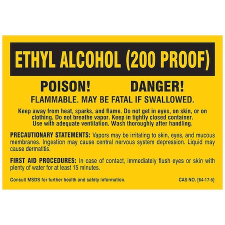 Label, ETHYL ALCOHOL (200 PROOF), Polyester, 5 in W, 3 1/2 in H MPN:7261QLS
