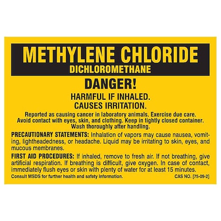Label, METHYLENE CHLORIDE, Polyester, 2 7/8 in W, 2 in H MPN:7283PLS