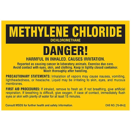 Label, METHYLENE CHLORIDE, Polyester, 5 in W, 3 1/2 in H MPN:7283QLS
