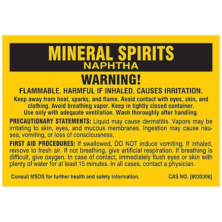 Label, MINERAL SPIRITS, Polyester, 2 7/8 in W, 2 in H MPN:7287PLS