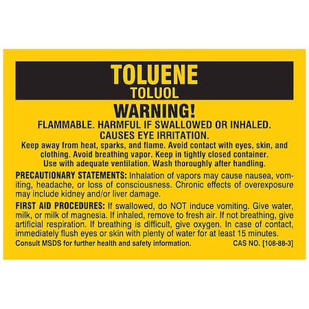 Label, TOLUENE, Polyester, 2 7/8 in W, 2 in H MPN:7318PLS