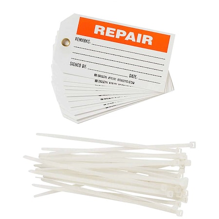 Tag, Repair, Polyester, 3 in H x 5 3/4 in W, Black, Orange on White, Rectangle, 25 PK MPN:76141