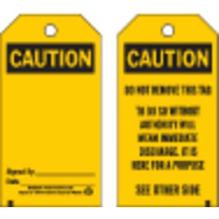 Caution Tag, Warning Tags, Polyester, 5 3/4 in H x 3 in W, Black, Yellow, Rectangle, 25 PK MPN:76193