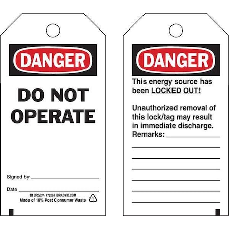 Danger Tag, Polyester, 5 1/2 in H x 3 in W, Rectangle, 25 PK MPN:76224
