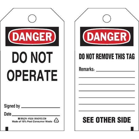Danger Tag, Polyester, 5 1/2 in H x 3 in W, Rectangle, 25 PK MPN:76226