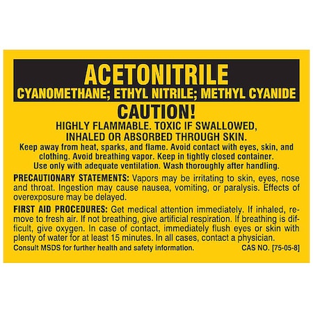 Label, ACETONITRILE, Polyester, 2 7/8 in W, 2 in H MPN:8181PLS