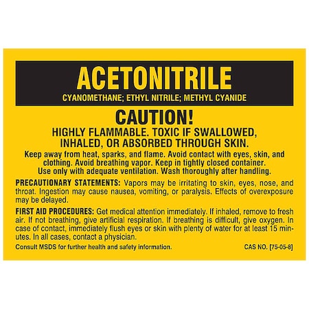 Label, ACETONITRILE, Polyester, 5 in W, 3 1/2 in H MPN:8181QLS
