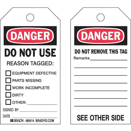 Danger Tag, Lockout Tagout, Polyester, 5 3/4 in H x 3 in W, Black, Red, White, Rectangle, 10 PK MPN:86414