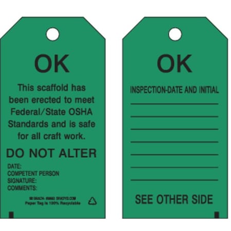 Tag, Inspection, Heavy Duty Polyester, 5 3/4 in H x 3 in W, Black on Green, Rectangle, 10 PK MPN:86452
