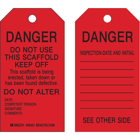 Tag, Inspection, Heavy Duty Polyester, 5 3/4 in H x 3 in W, Black on Red, Rectangle, 10 PK MPN:86453