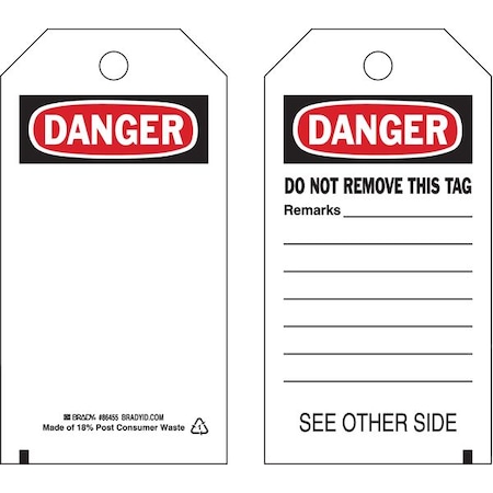 Danger Tag, Danger, Polyester, 5 3/4 in H x 3 in W, Black, Red, White, Rectangle, 10 PK MPN:86455