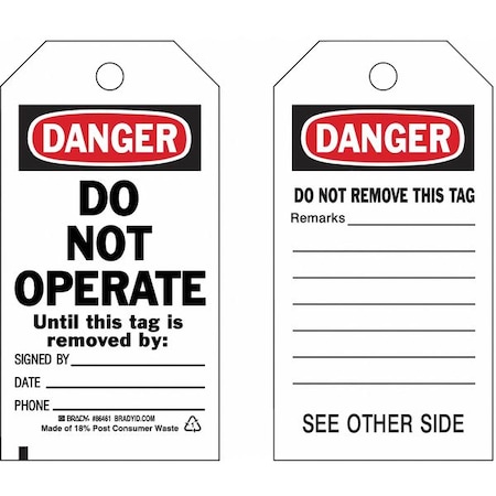 Danger Tag, 5-3/4 x 3 In, 3/8 In, PK10, 86461 MPN:86461