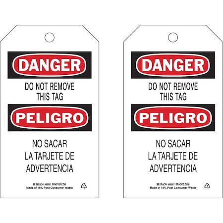 Danger Bilingual Tag, Lockout Tagout, Polyester, 7 in H x 4 in W, Black, Red, White, Rectangle MPN:86468