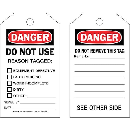 Danger Tag, Lockout Tagout, Polyester, 7 in H x 4 in W, Black, Red, White, Rectangle, 10 PK MPN:86475