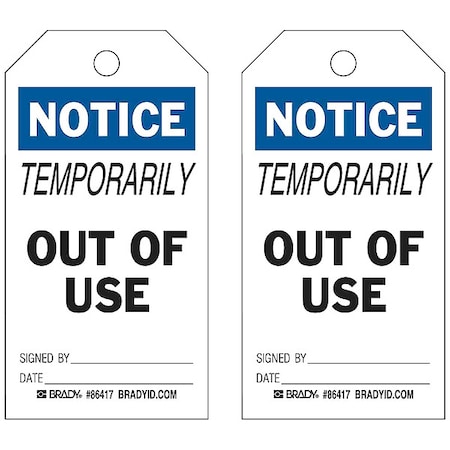 Tag, Safety, Polyester, 5 3/4 in H x 3 in W, Black, Blue on White, Rectangle, 10 PK MPN:86478