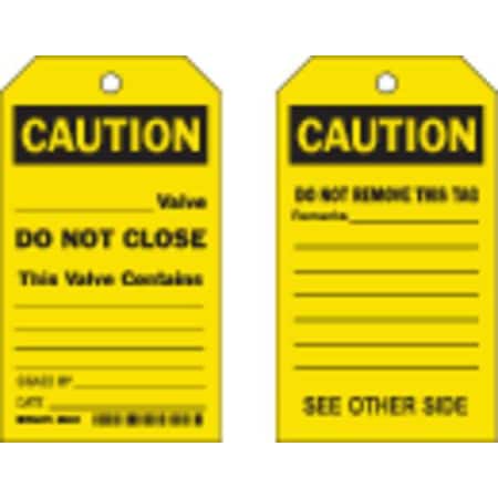 Caution Tag, Lockout Tagout, Polyester, 7 in H x 4 in W, Black, Yellow, Rectangle, 10 PK MPN:86494