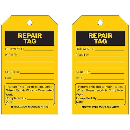 Tag, Safety, Polyester, 7 in H x 4 in W, Black on Yellow, Rectangle, 10 PK MPN:86496