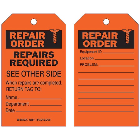 Tag, Maintenance, Heavy Duty Polyester, 7 in H x 4 in W, Black on Orange, Rectangle, 10 PK MPN:86511