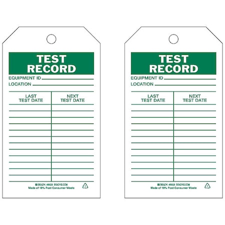 Tag, Maintenance, Heavy Duty Polyester, 7 in H x 4 in W, Green on White, Rectangle, 10 PK MPN:86513