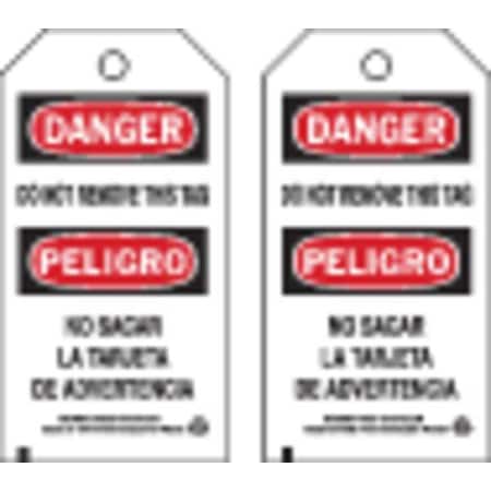 Danger Bilingual Tag, Lockout Tagout, Polyester, 5 3/4 in H x 3 in W, Black, Red, White, Rectangle MPN:86526