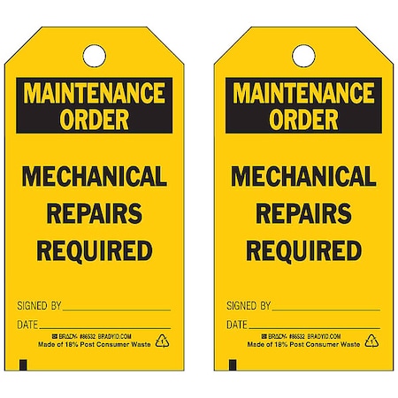Tag, Safety, Polyester, 5 3/4 in H x 3 in W, Black on Yellow, Rectangle, 10 PK MPN:86532