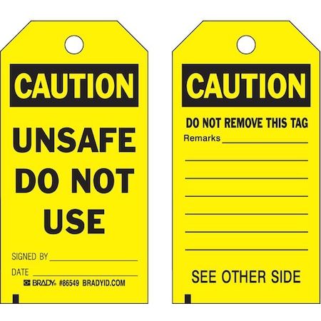 Caution, Unsafe Do Not Use, 3 in W x 5 3/4 in H, Rectangle, 10 PK MPN:86549