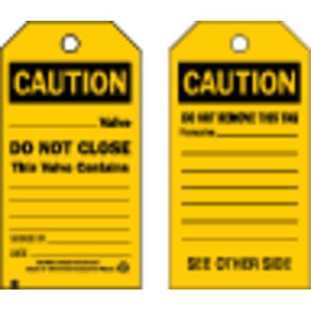 Caution Tag, Lockout Tagout, Polyester, 5 3/4 in H x 3 in W, Black, Yellow, Rectangle, 10 PK MPN:86552