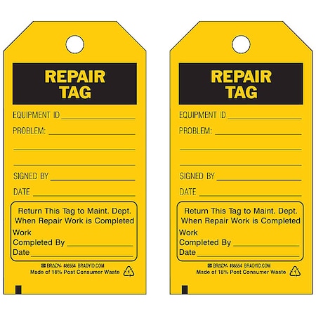 Tag, Safety, Polyester, 5 3/4 in H x 3 in W, Black on Yellow, Rectangle, 10 PK MPN:86554