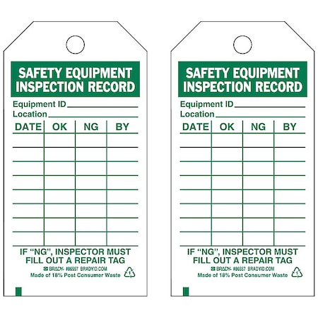Tag, Inspection, Polyester, 5 3/4 in H x 3 in W, Green on White, Rectangle, 10 PK MPN:86557