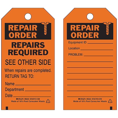Repair Order, Repairs Required When Repairs Are Completed. Return Tag To Name_ Dept_ Date_ MPN:86569
