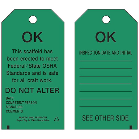 Tag, Inspection, Polyester, 5 3/4 in H x 3 in W, Black on Green, Rectangle, 10 PK MPN:86572