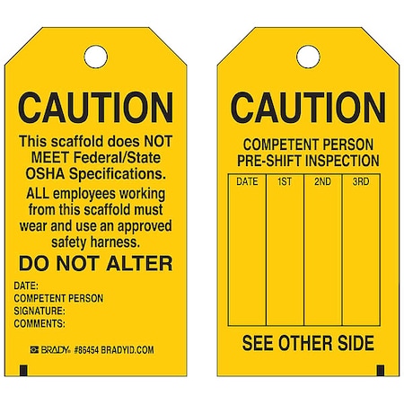 Tag, Inspection, Polyester, 5 3/4 in H x 3 in W, Black on Yellow, Rectangle, 10 PK MPN:86574
