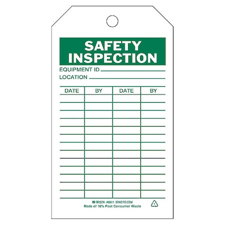 Tag, Safety, Polyester, 7 in H x 4 in W, Green on White, Rectangle, 10 PK MPN:86611