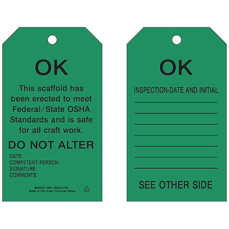Tag, Inspection, Polyester, 7 in H x 4 in W, Black on Green, Rectangle, 10 PK MPN:86627