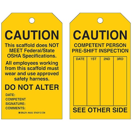 Tag, Inspection, Polyester, 7 in H x 4 in W, Black on Yellow, Rectangle, 10 PK MPN:86629