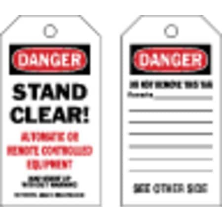 Danger Tag, Keep Clear, Cardstock, 5 3/4 in H x 3 in W, Black, Red, White, Rectangle, 100 PK MPN:86639
