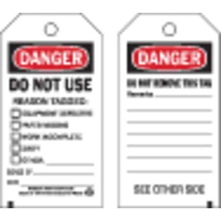 Danger Tag, Lockout Tagout, Cardstock, 5 3/4 in H x 3 in W, Black, Red, White, Rectangle, 100 PK MPN:86643
