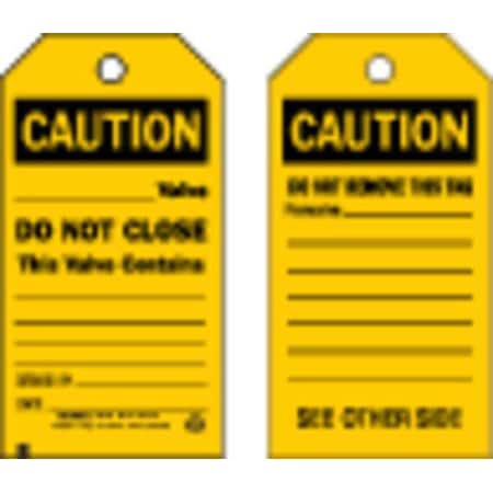 Caution Tag, Accident Prevention, Cardstock, 5 3/4 in H x 3 in W, Black, Yellow, Rectangle, 100 PK MPN:86662