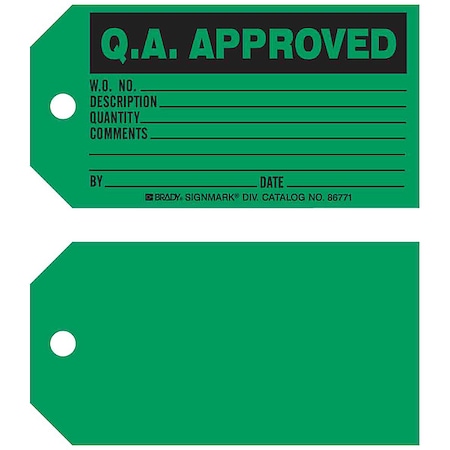 Tag, Inspection, Paper, 3 in H x 5 3/4 in W, Black on Green, Rectangle, 100 PK MPN:86771
