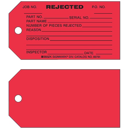 Tag, Inspection, Paper, 5 3/4 in H x 3 in W, Black on Red, Rectangle, 100 PK MPN:86781