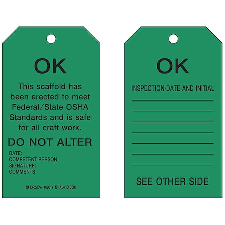 Tag, Inspection, Heavy Duty Polyester, 7 in H x 4 in W, Black on Green, Rectangle, 10 PK MPN:89017