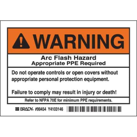 Arc Flash Protection Label, PK5, 99454 MPN:99454