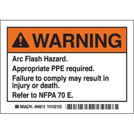 Arc Flash Warning Label, 3 1/2 in Height, 5 in Width, Polyester, Horizontal Rectangle, English MPN:EL-1