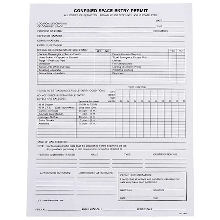 Confined Space Entry Permits, Paper, 11 in H x 8 1/2 in W, Black, White MPN:EP1