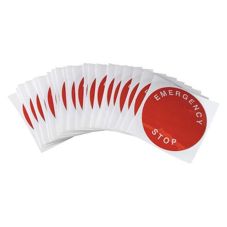 Emergency Stop Legend Plate Label, 30mm, White on Red, THTEP-196-593RD, PK25 MPN:THTEP-196-593RD