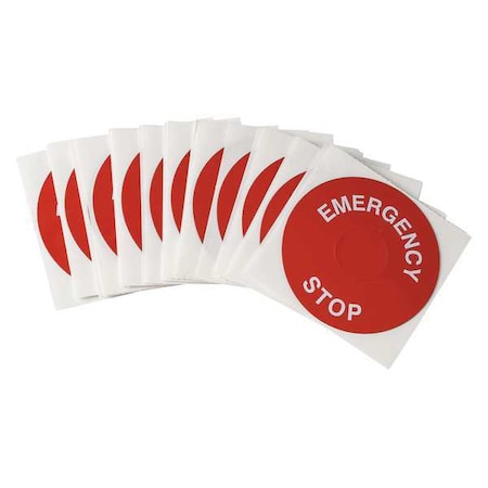 Emergency Stop Legend Plate Label, 30mm, White on Red, THTEP-197-593RD, PK25 MPN:THTEP-197-593RD